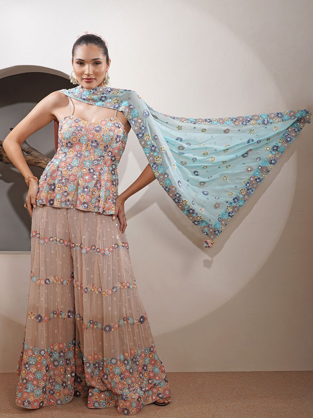 MILU MADAN Floral Embroidered Beads & Stones Georgette Kurti With Sharara And Dupatta