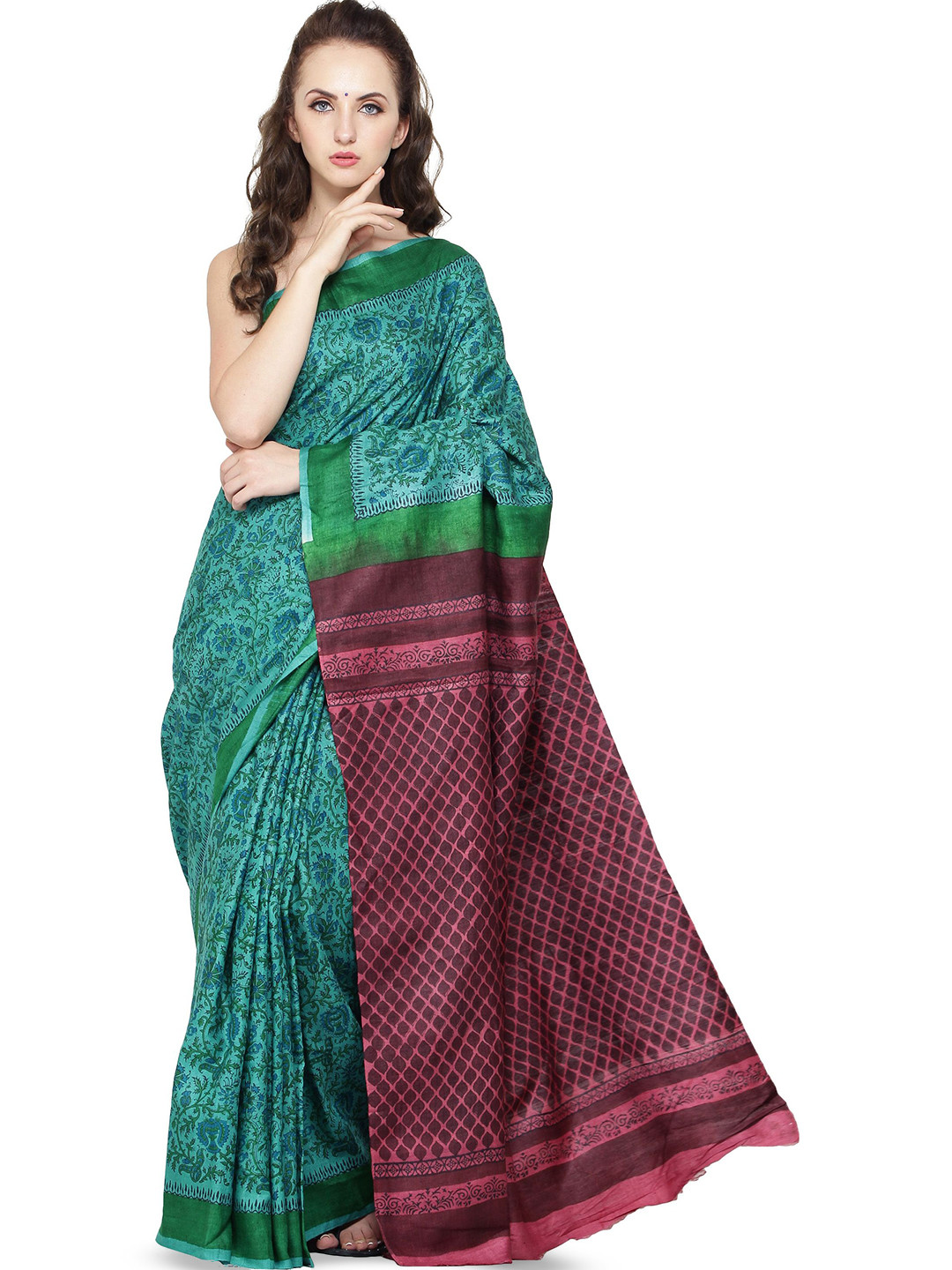 Exotic India Floral Pure Cotton Block Print Saree