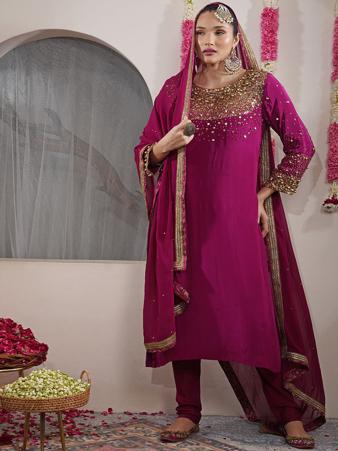 MILU MADAN Women Yoke Design Embellished Kurta with Churidar & Dupatta