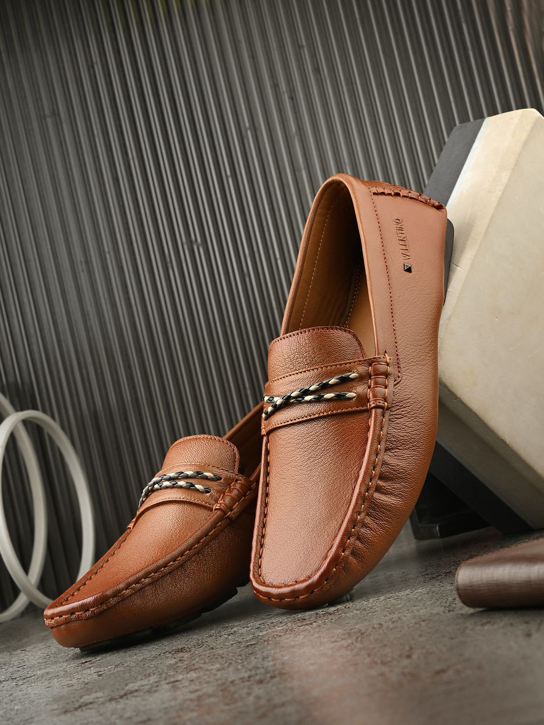 Valentino Men Woven Design Leather Slip On Driving Loafers