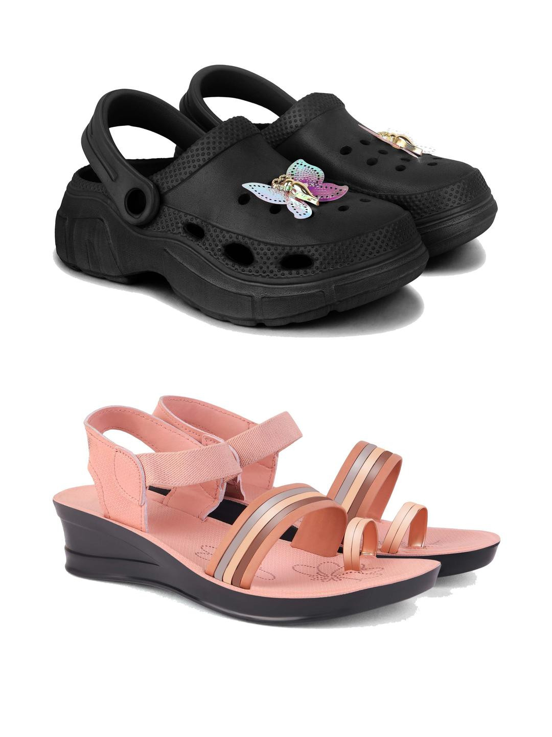 DRACKFOOT Women Set Of 2 Self Design Sandals With Clogs