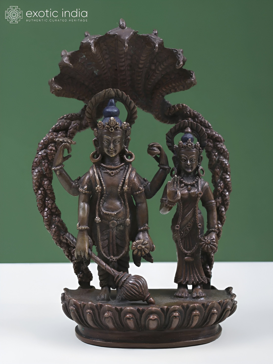 Exotic India Brown Statue of Vishnu and Lakshmi On Sheshnag Religious Idol Showpiece
