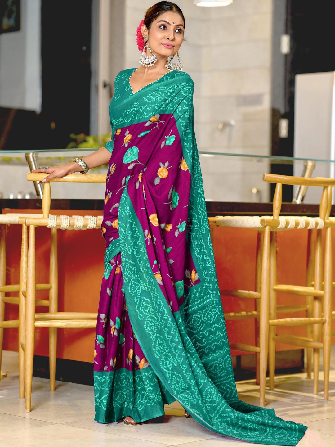 Purple Soft Mulcotton Floral Print Saree with Unstitched Blouse Piece