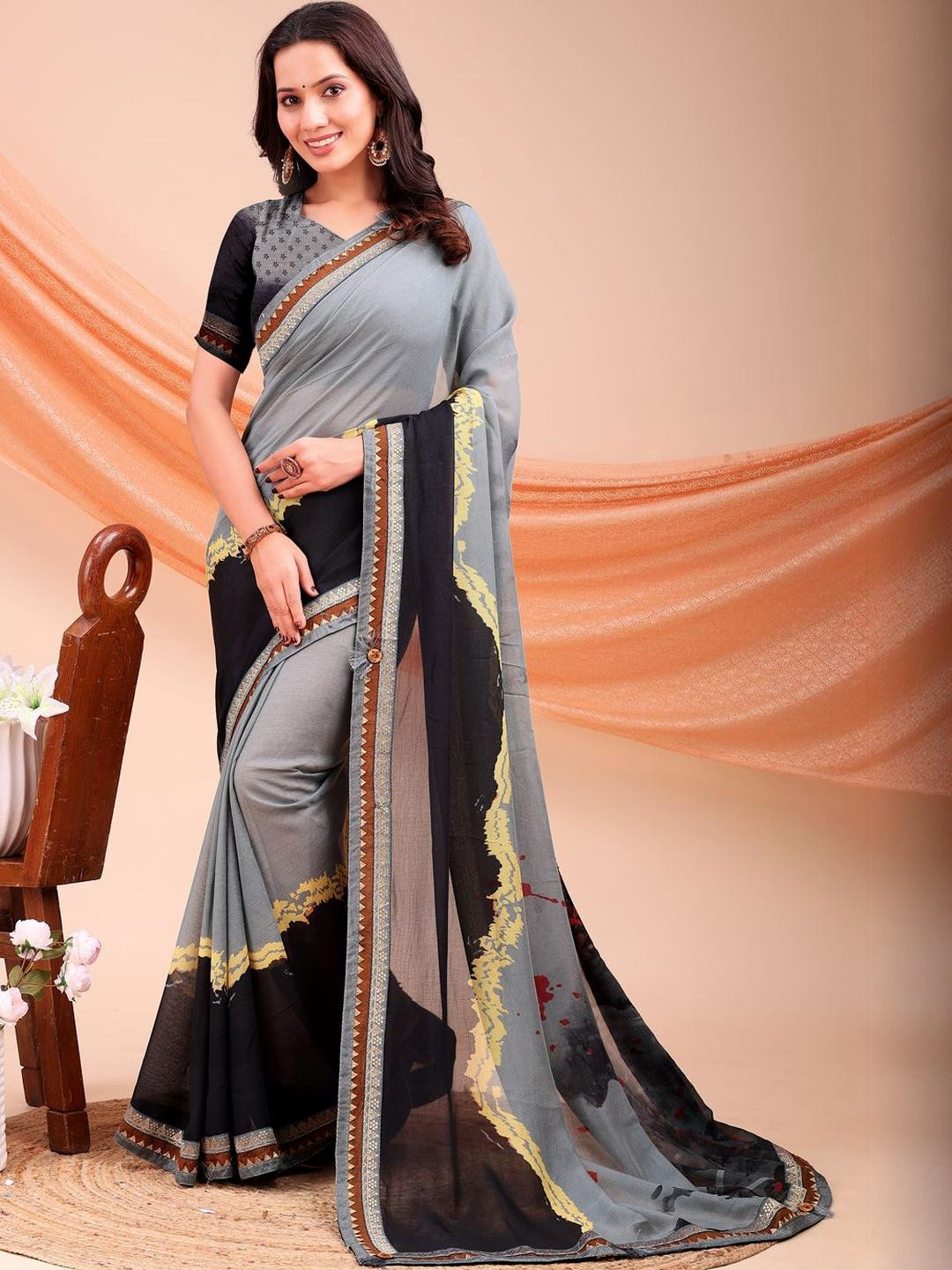 Grey Georgette Digital Print Saree With Matching Blouse Piece
