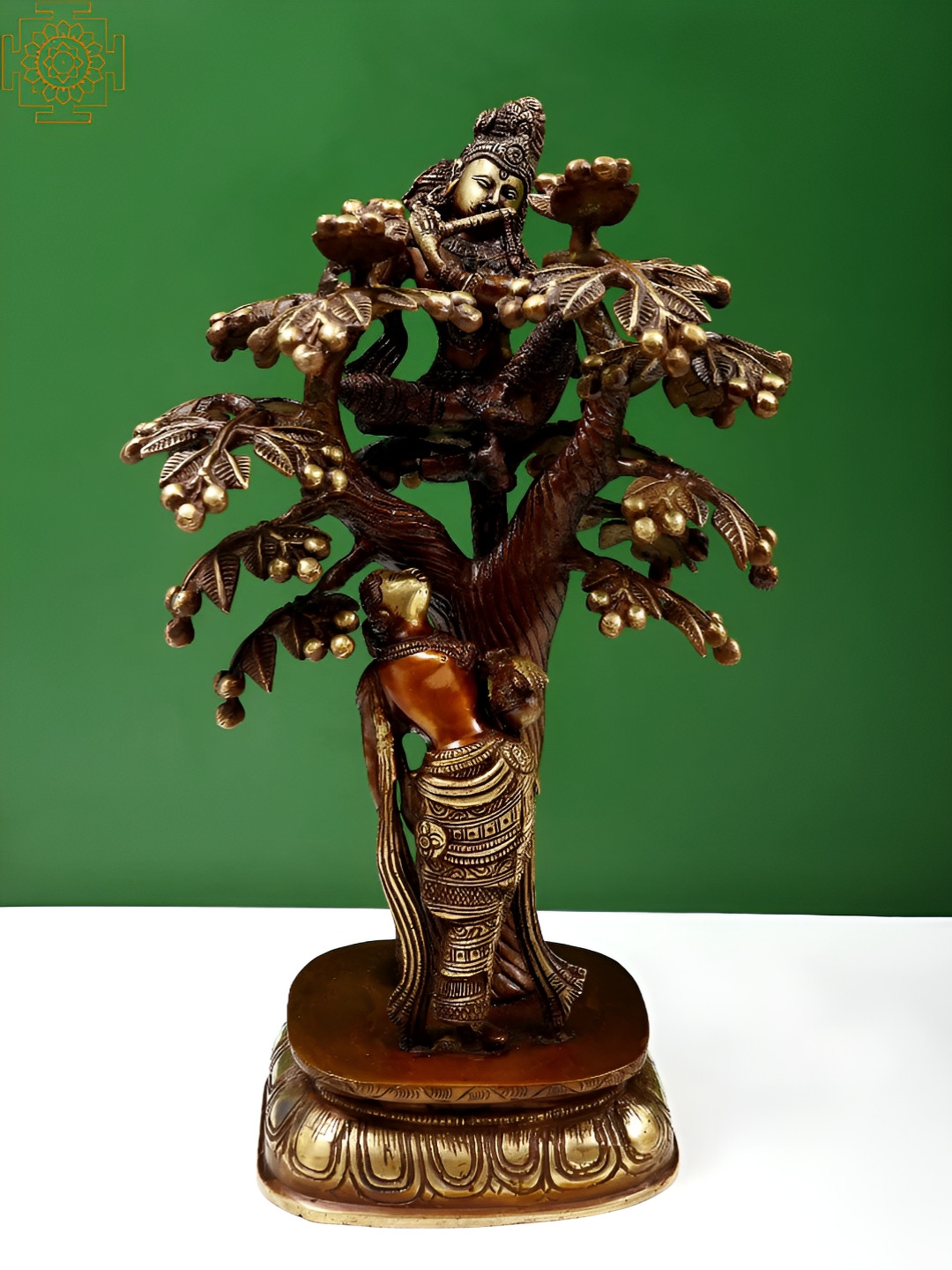 Exotic India Brown Krishna On a Tree With Radha Standing Under It Religious Idol Showpiece