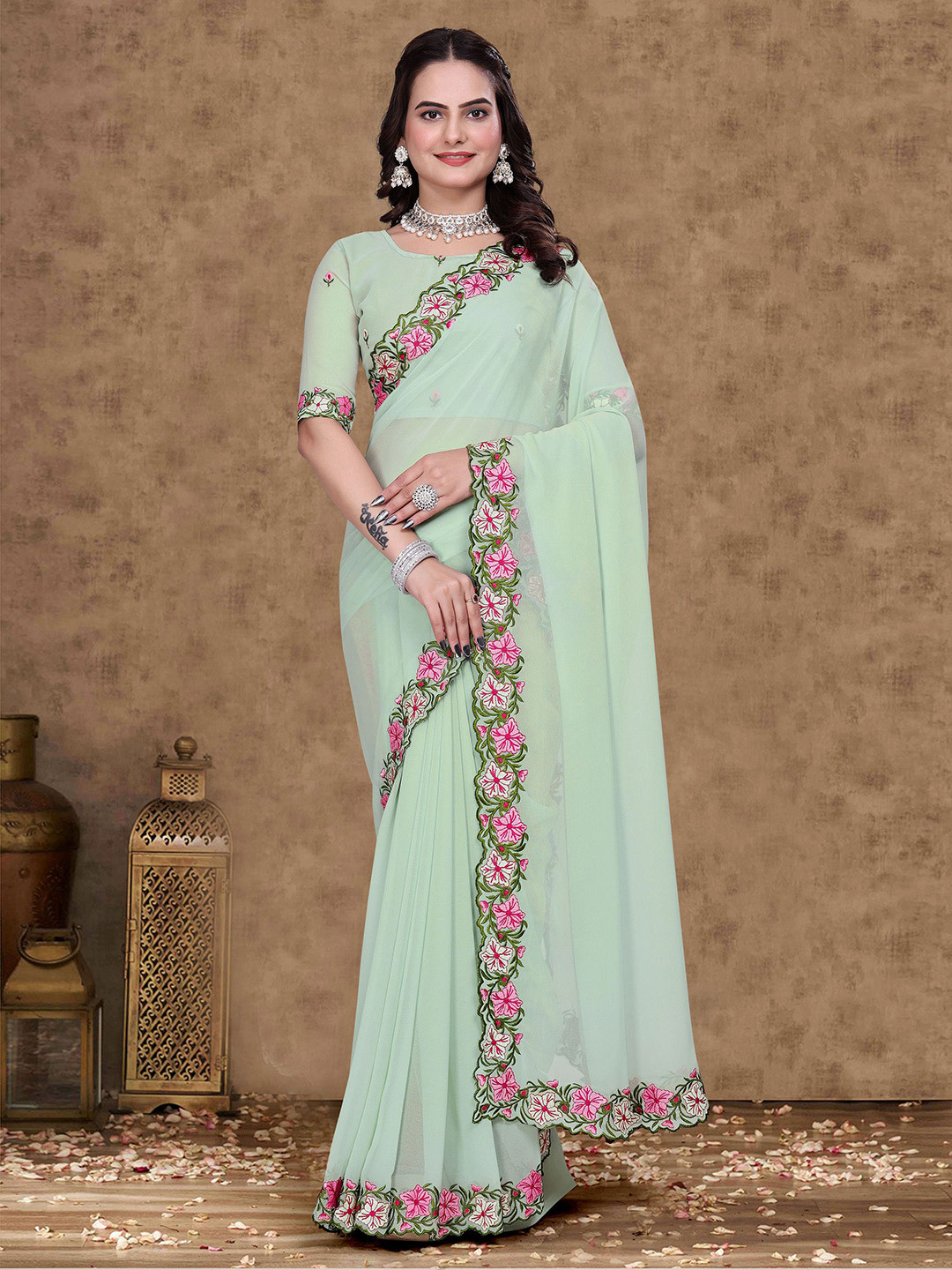 Sadika Embroidered With Cut Work Lace Border Saree