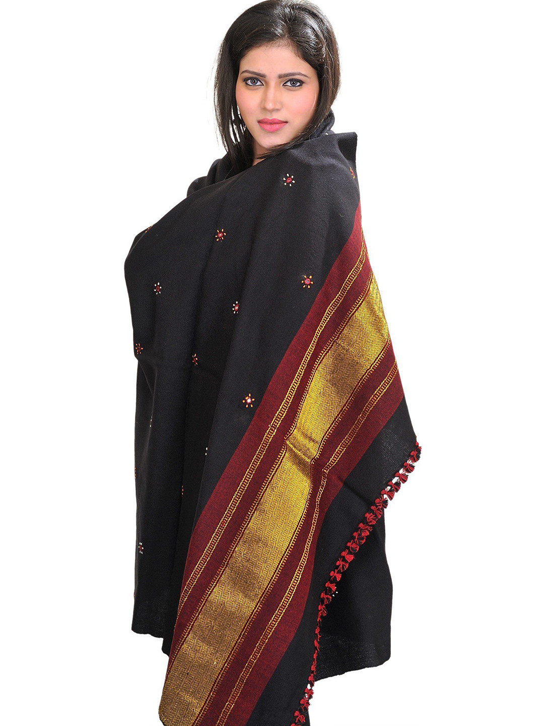 Exotic India Women Floral Embroidered Pure Wool Shawl With Bootis and Golden Woven Border