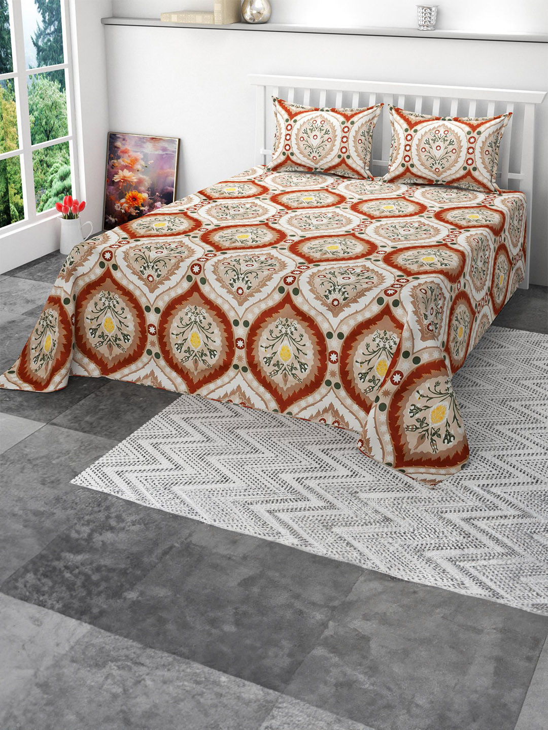 CLIO'S HERITAGE STORE White & Brown Ethnic Motifs 210 TC Queen Bedsheet with 2 Pillow Covers