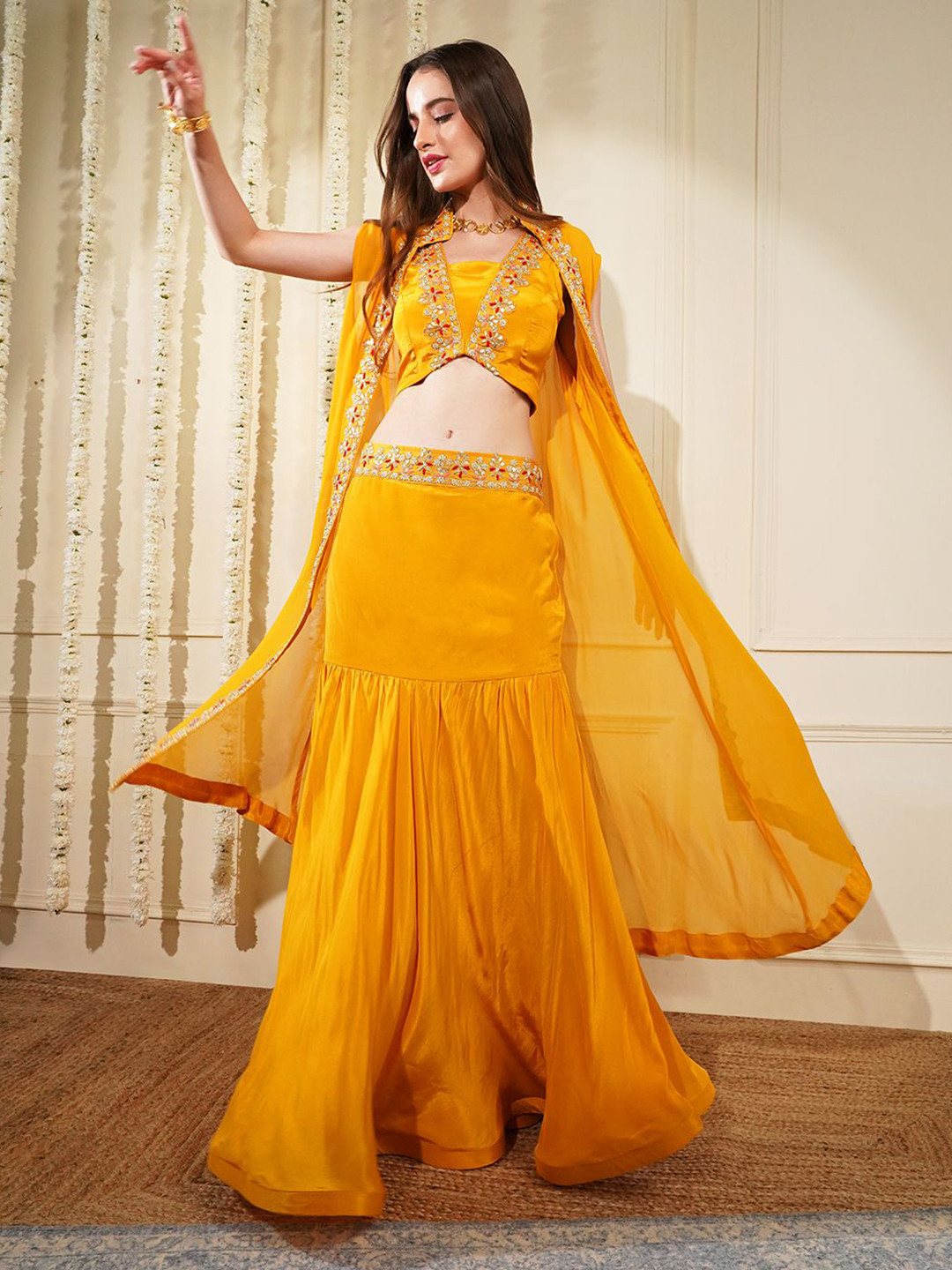 MILU MADAN Mustard Fish Cut Skirt With Gota Patti Embroidered Lehenga Choli