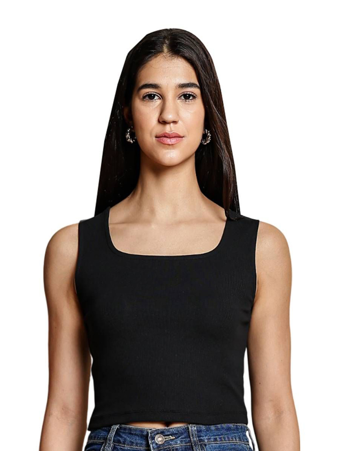 ONE SKY Women Ribbed Square Neck Fitted Crop Top