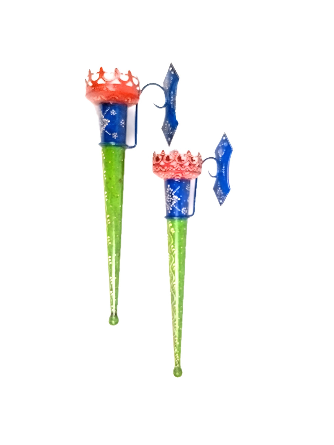 apka mart Mashaal 2Pcs Green & Blue Textured Metal Tea Light Candle Holders