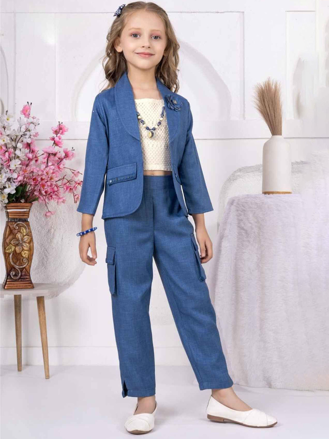 Lagorii Girls Textured Top With Trousers & Overcoat