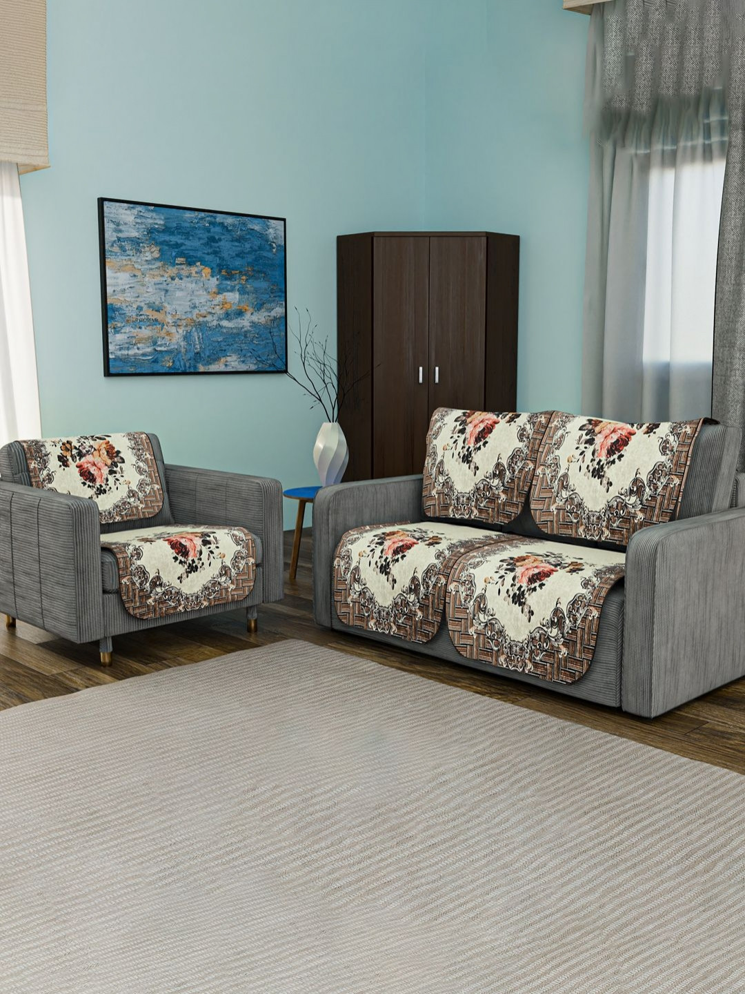 Aura Cream & Brown Set of 6 Classic 2+1 Seater Velvet Sofa Cover Sofa Slipcover Set