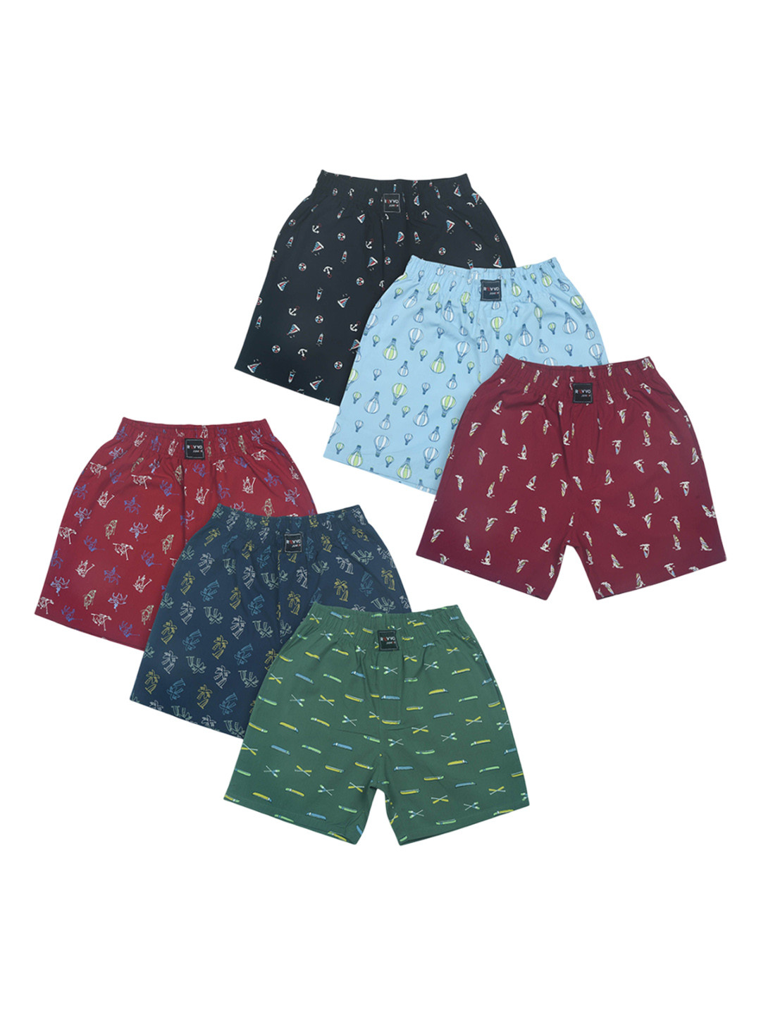 Revvo Junior 6Pcs Printed Boxers RTS-702-Maroon,Navy Blue,Dark Green/Black,Sky Blue,Maroon