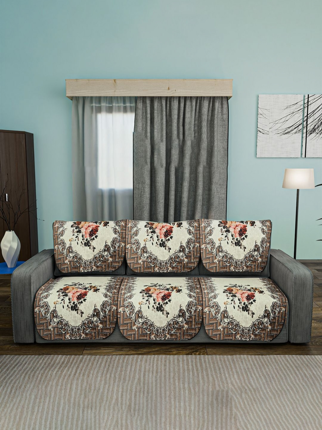 Aura Cream-Coloured & Brown Set of 6 Classic 3 Seater Velvet Sofa Cover Sofa Slipcover Set