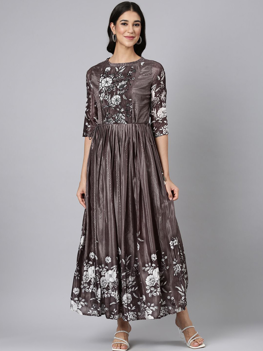 Neerus Women Floral Print Boat Neck Maxi Dress