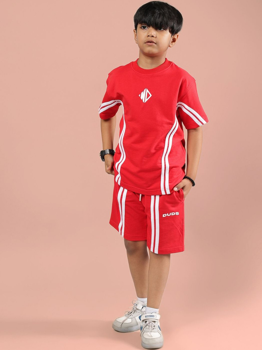 WEARDUDS Kids Outlook Half Striped Pure Cotton T-Shirt With Shorts