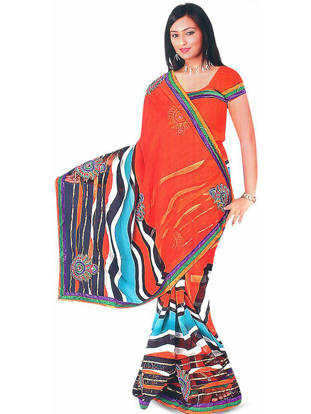 Exotic India Golden Oak Printed Leheria Saree with Embroidered Bootis