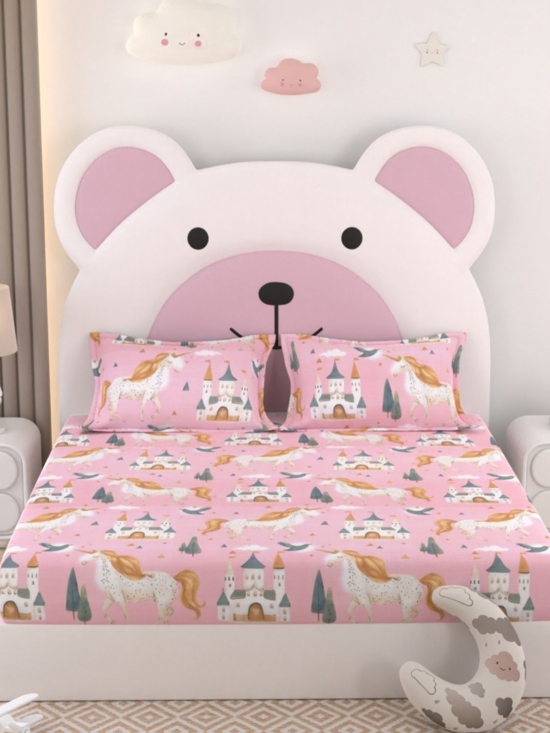 Pure Decor Pink Cartoon Characters Pure Cotton 330 TC Queen Fine Bedsheet with 2 Pillow Covers-90 x 100 inches