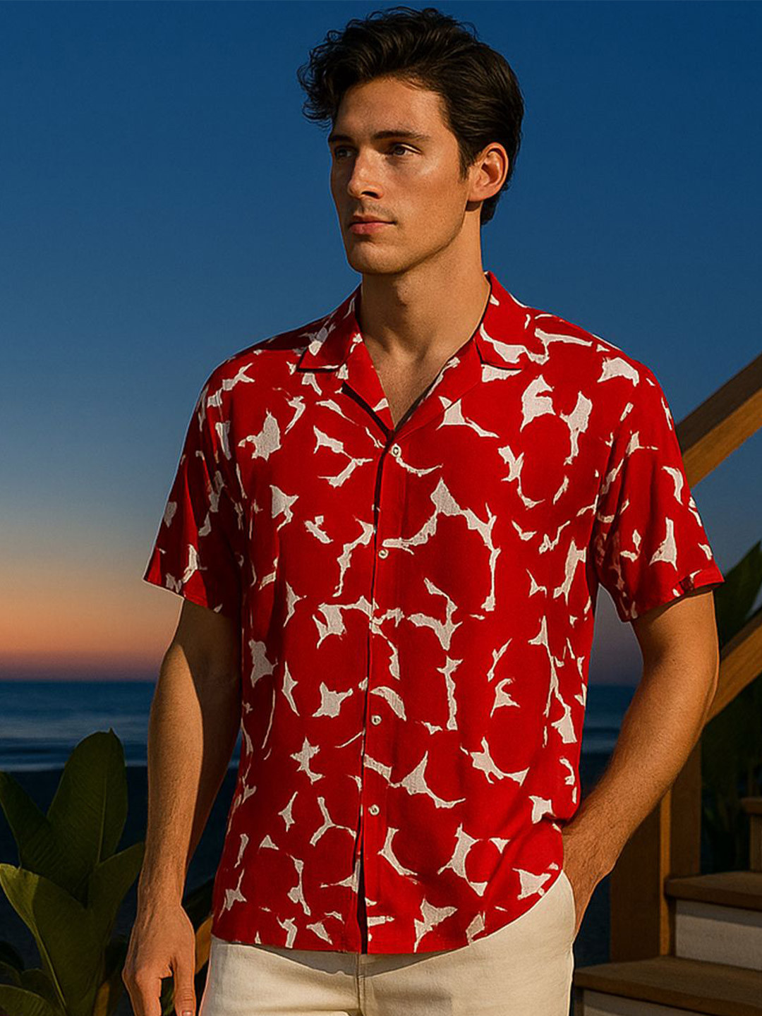 Red Abstract Print Regular Fit Casual Shirt