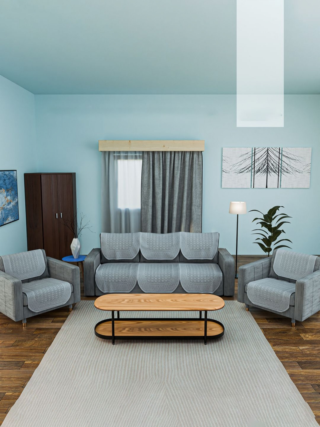 Aura Grey 12 Pieces Self Design Cotton Sofa Cover with Center & Dining Table Covers