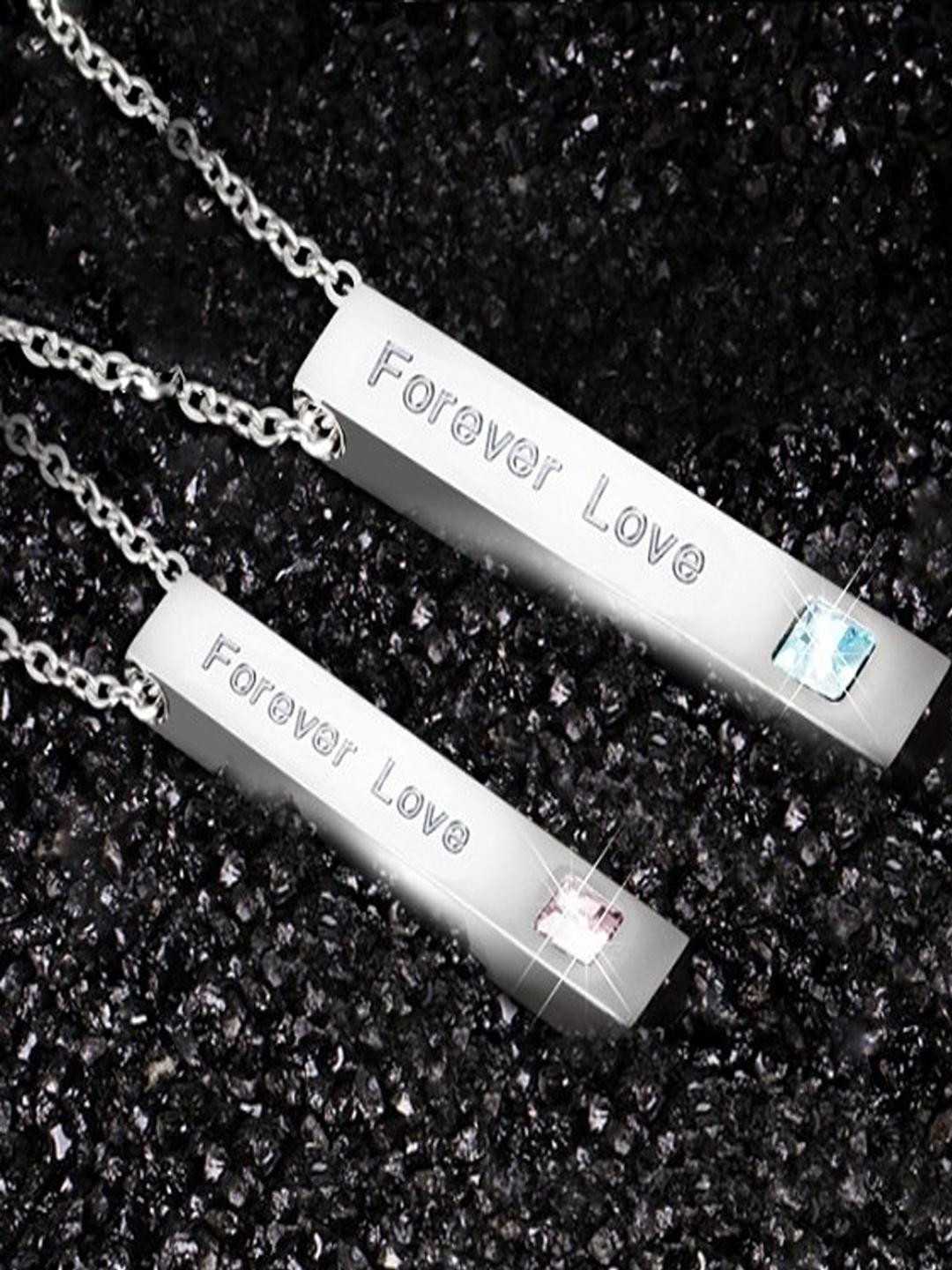 Vientiq Unisex Set of 2 Sterling Silver-Plated Stone Studded Rectangle Pendants & Chains
