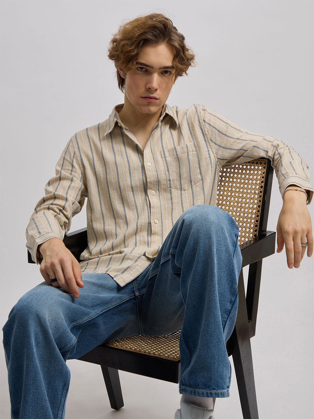 Espanshe Vertical Striped Long Sleeves Cotton Linen Shirt