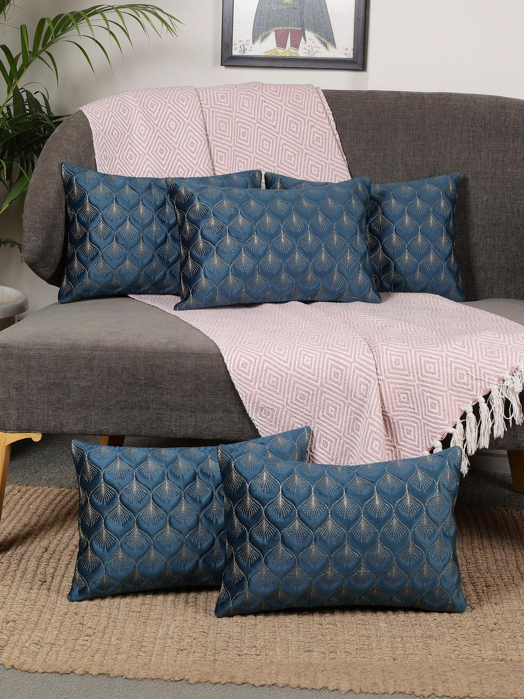 MONKDECOR Feather Design Blue Color Rectangle Velvet Cushion Covers Set of 5