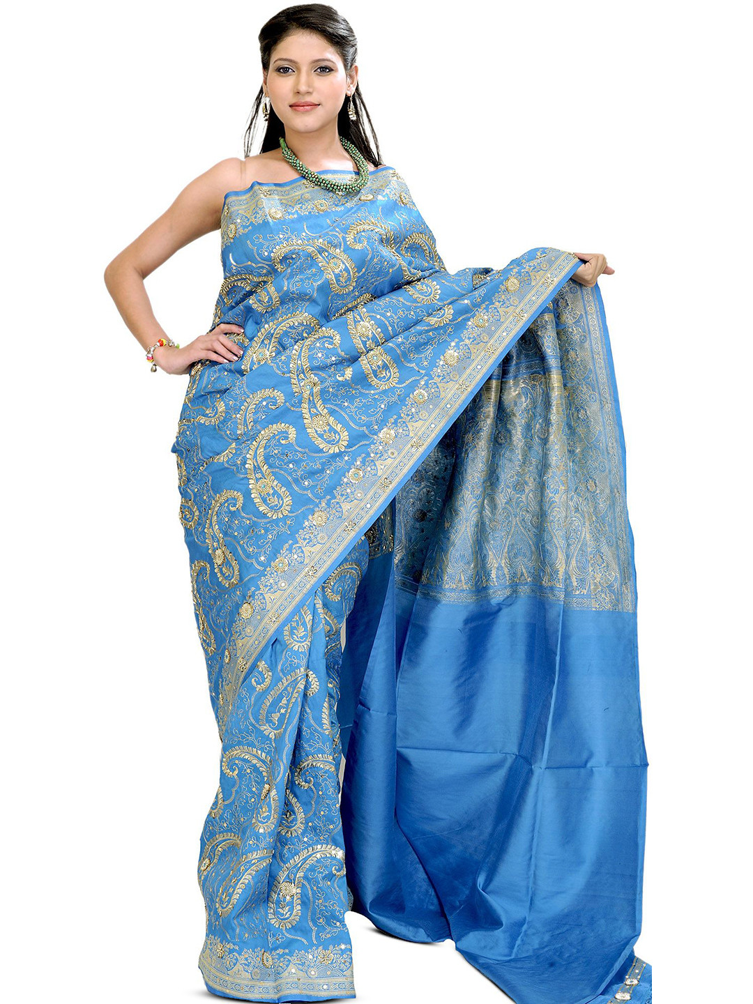 Exotic India Banarasi Saree with Embroiderd Paisleys in Golden-Thread and Sequins