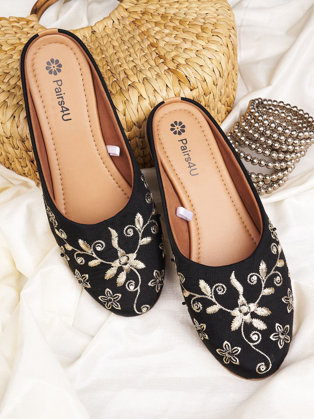 Pairs4U Women Round Toe Embellished Mojaris
