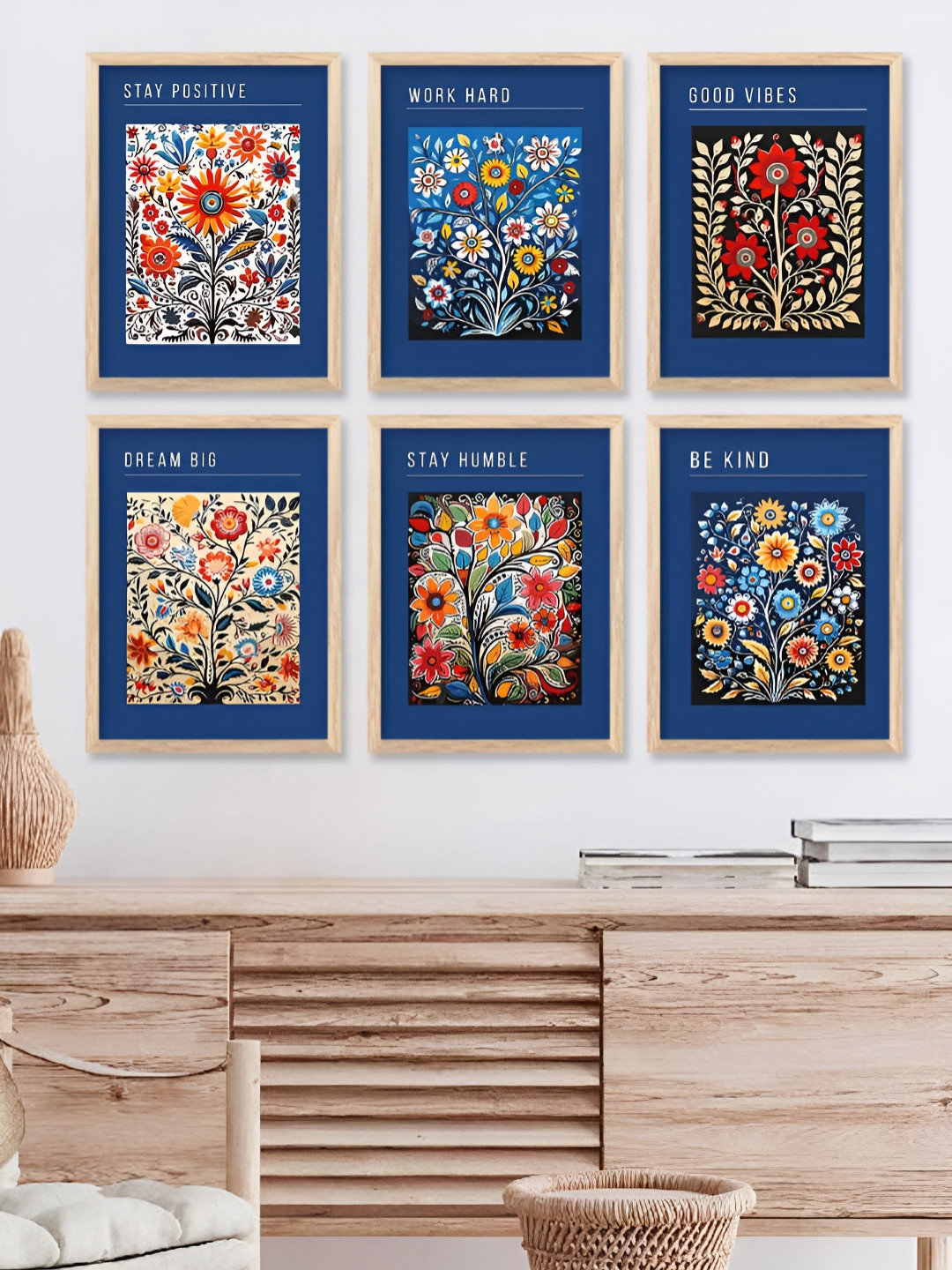 Kotart Green & White 6 Pieces Wooden Ethnic Motifs Floral and Botanical Printed Wall Arts