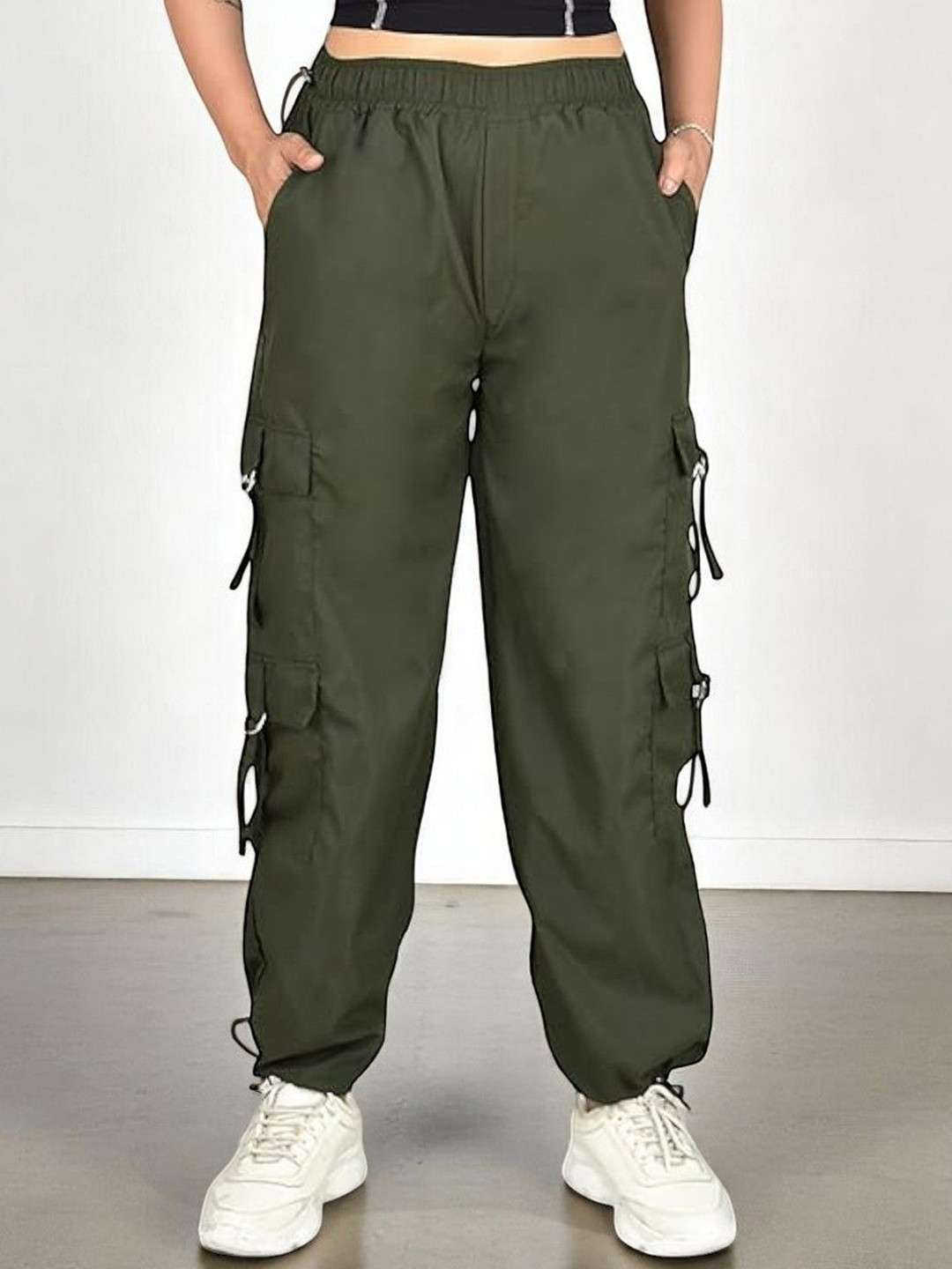 SQew Women Comfort Loose Fit High-Rise Wrinkle Free Cargos Trousers