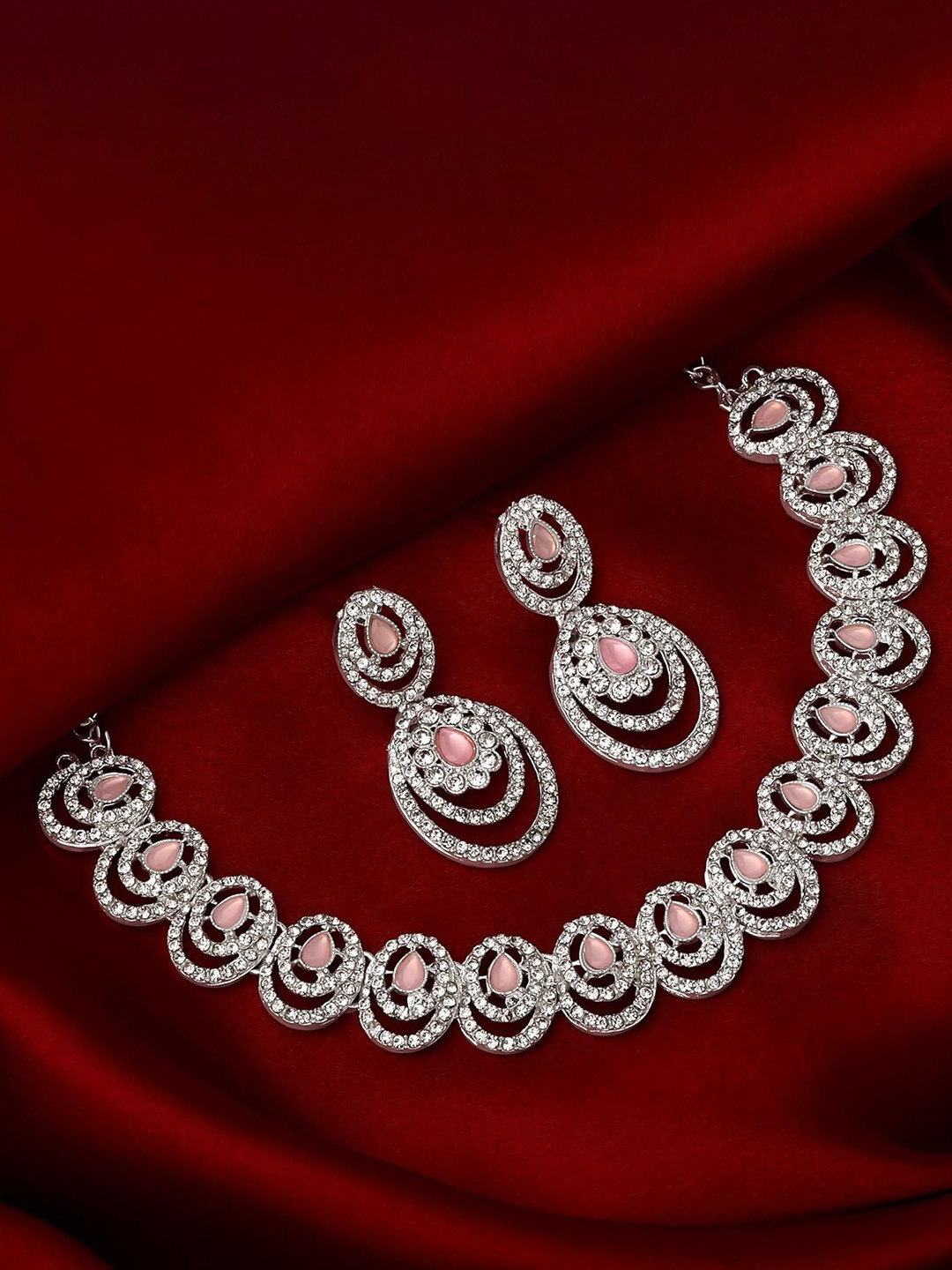 Atasi International Rhodium-Plate American Diamond  Stone Studded Jewellery Set