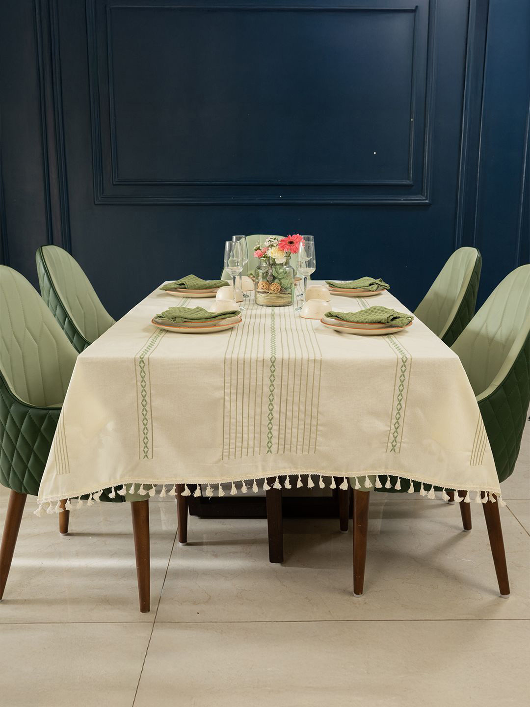 URBAN SPACE Jhaalar Cream-Coloured Printed Embroidered Cotton 6-Seater Table Cover