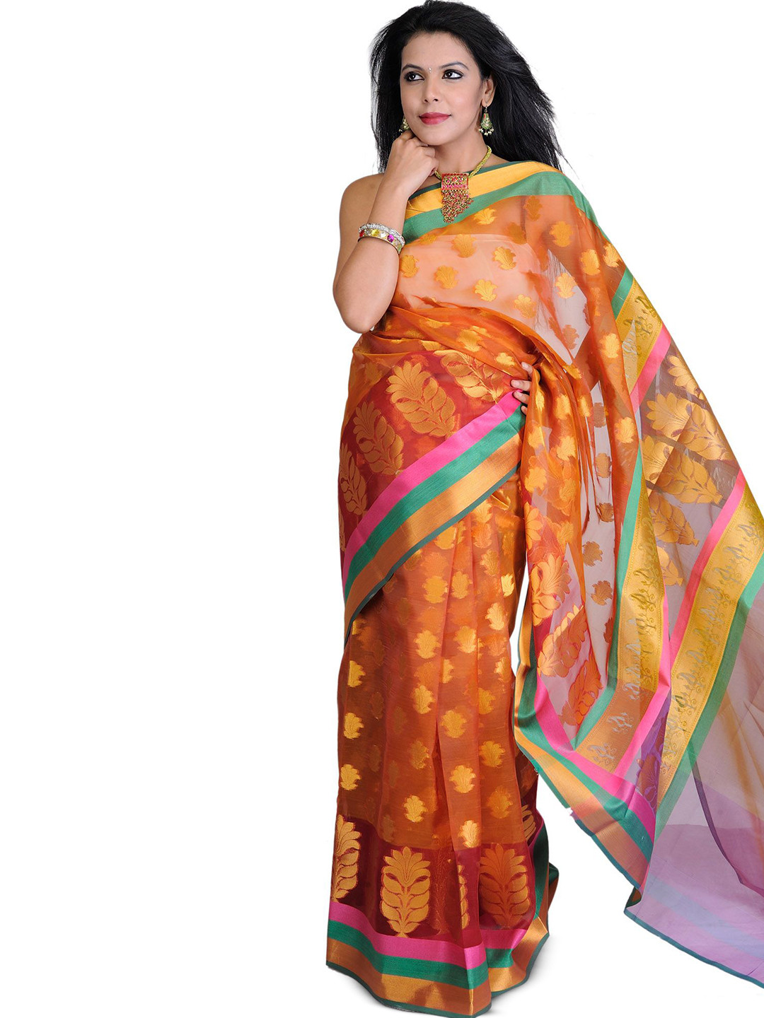 Exotic India Copper Brown Banarasi Saree with Woven Booties and Tri Color Border