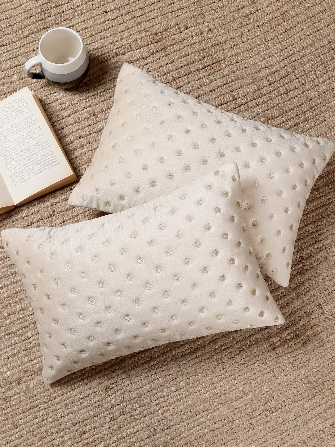TANLOOMS Cream And Gold Toned 2 Pieces Polka Dot Embroidered Velvet Cushion Covers