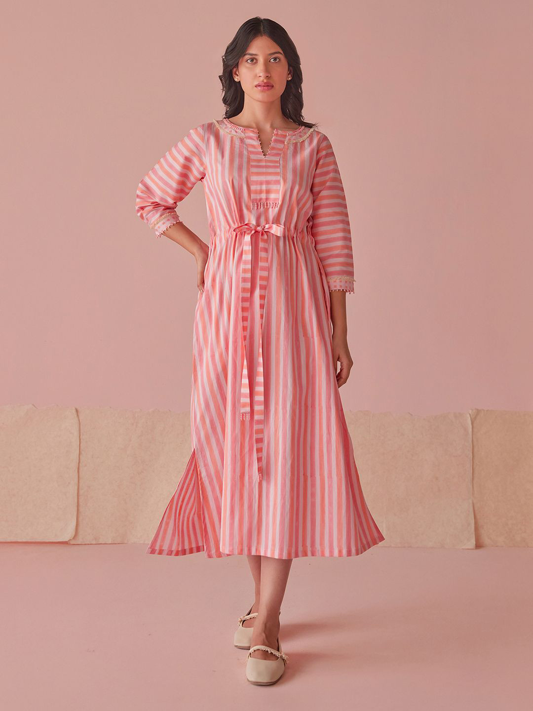 The Yellow Bow Women Sugar Stripe Cotton Modal Block Printed Fit-Flare Dress