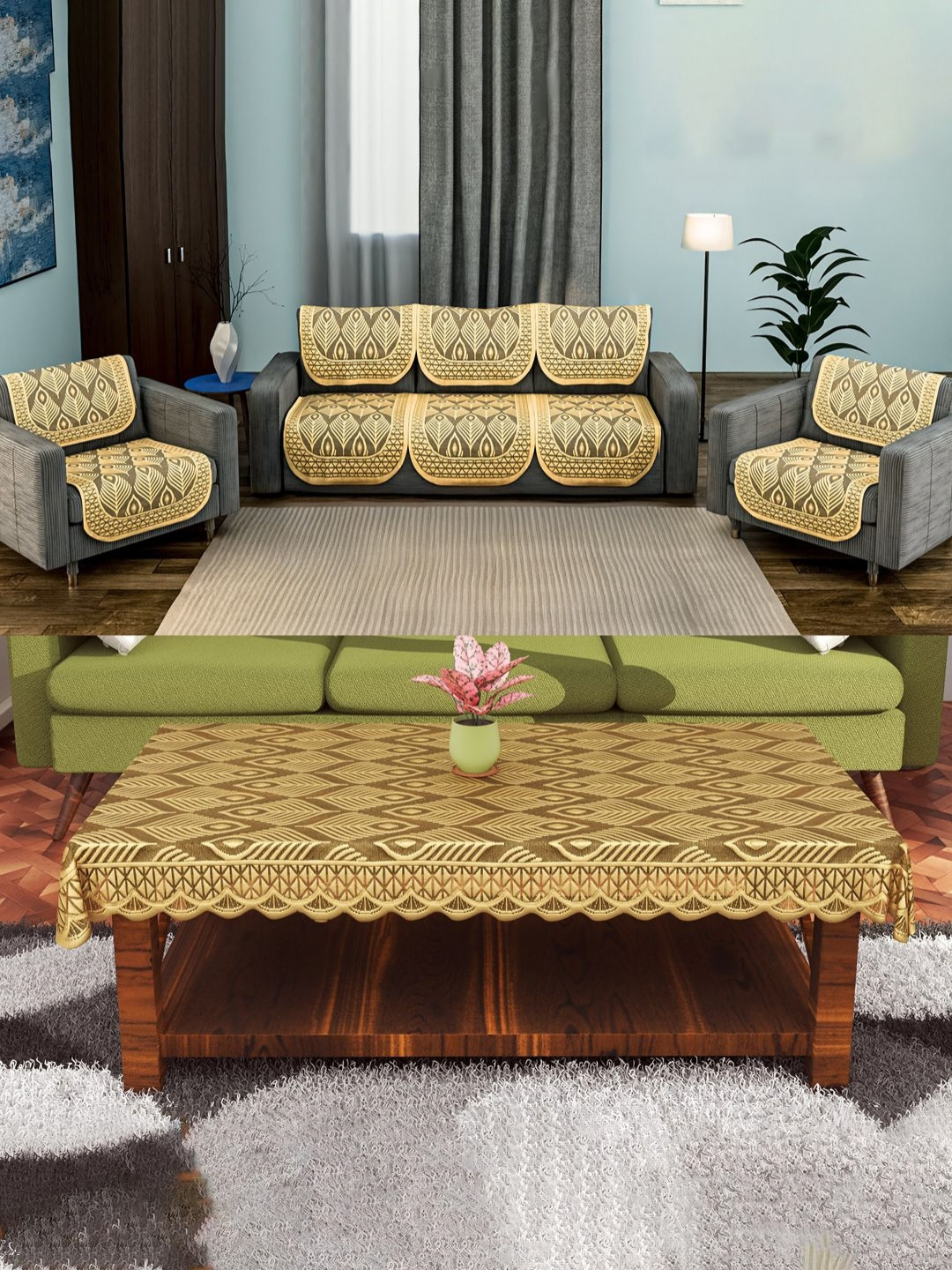 Aura Grey & Beige Set of 11 Cotton 5 Seater Sofa Cover & Center Table Cover