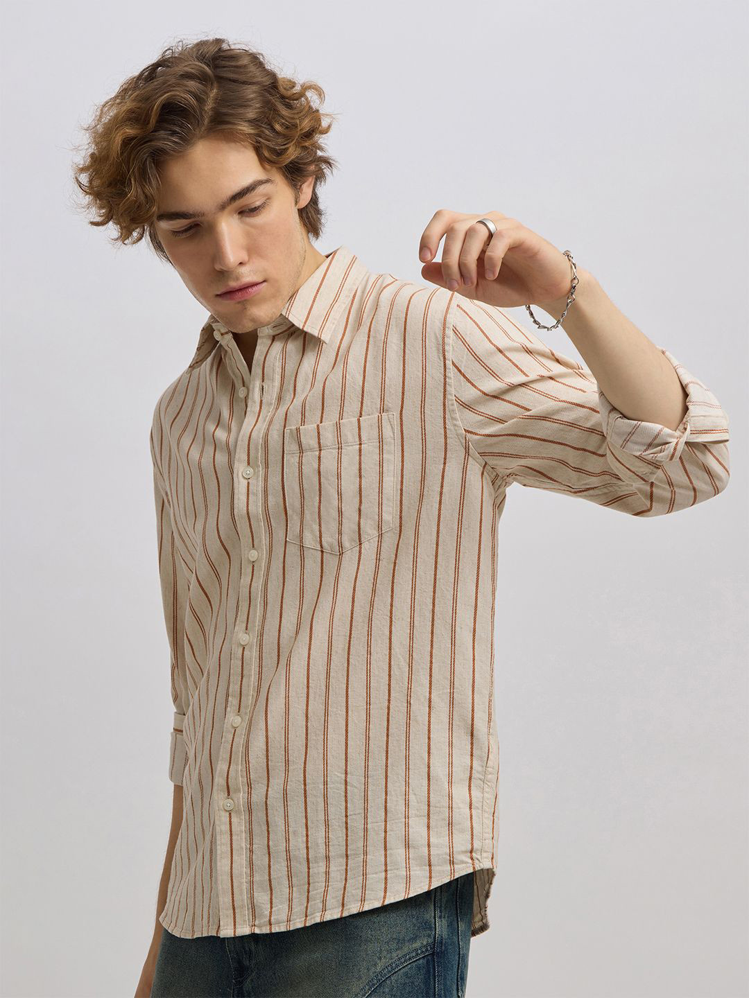 Espanshe Vertical Striped Long Sleeves Cotton Linen Shirt