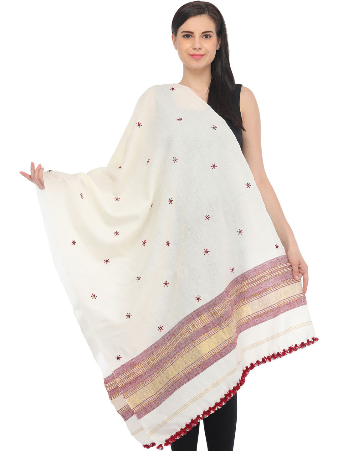 Exotic India Women Floral Embroidered Mirror Work Pure Woollen Stole