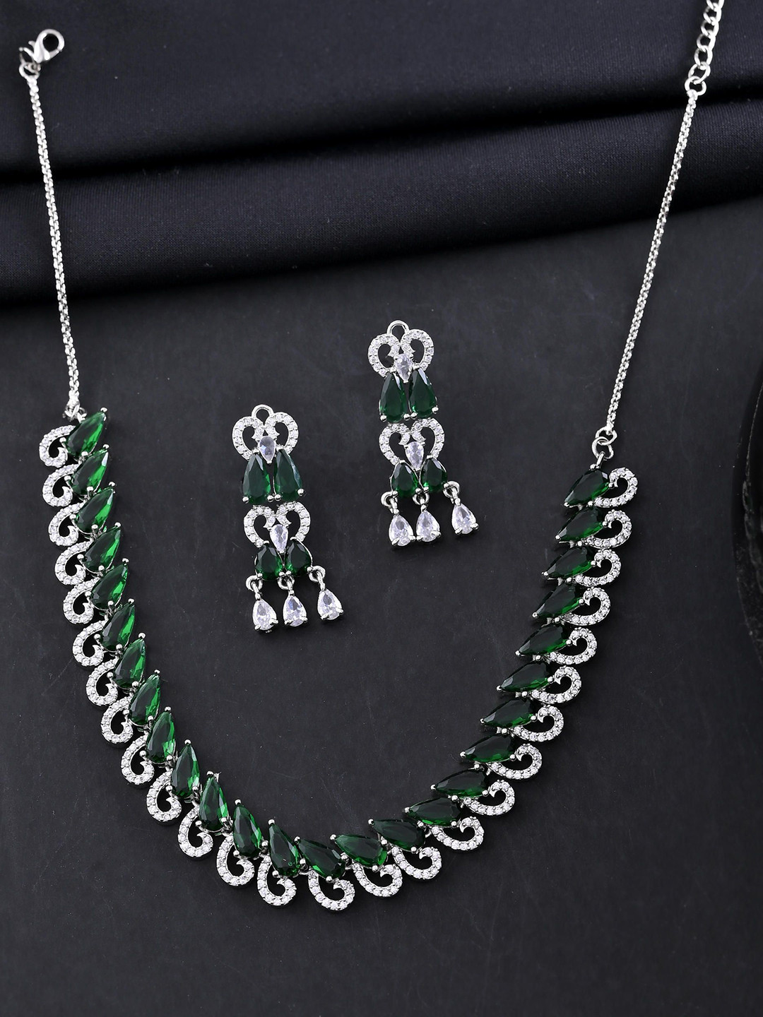 Silver Plated AD And Green Stone Tear Drop Shaped Necklace Set