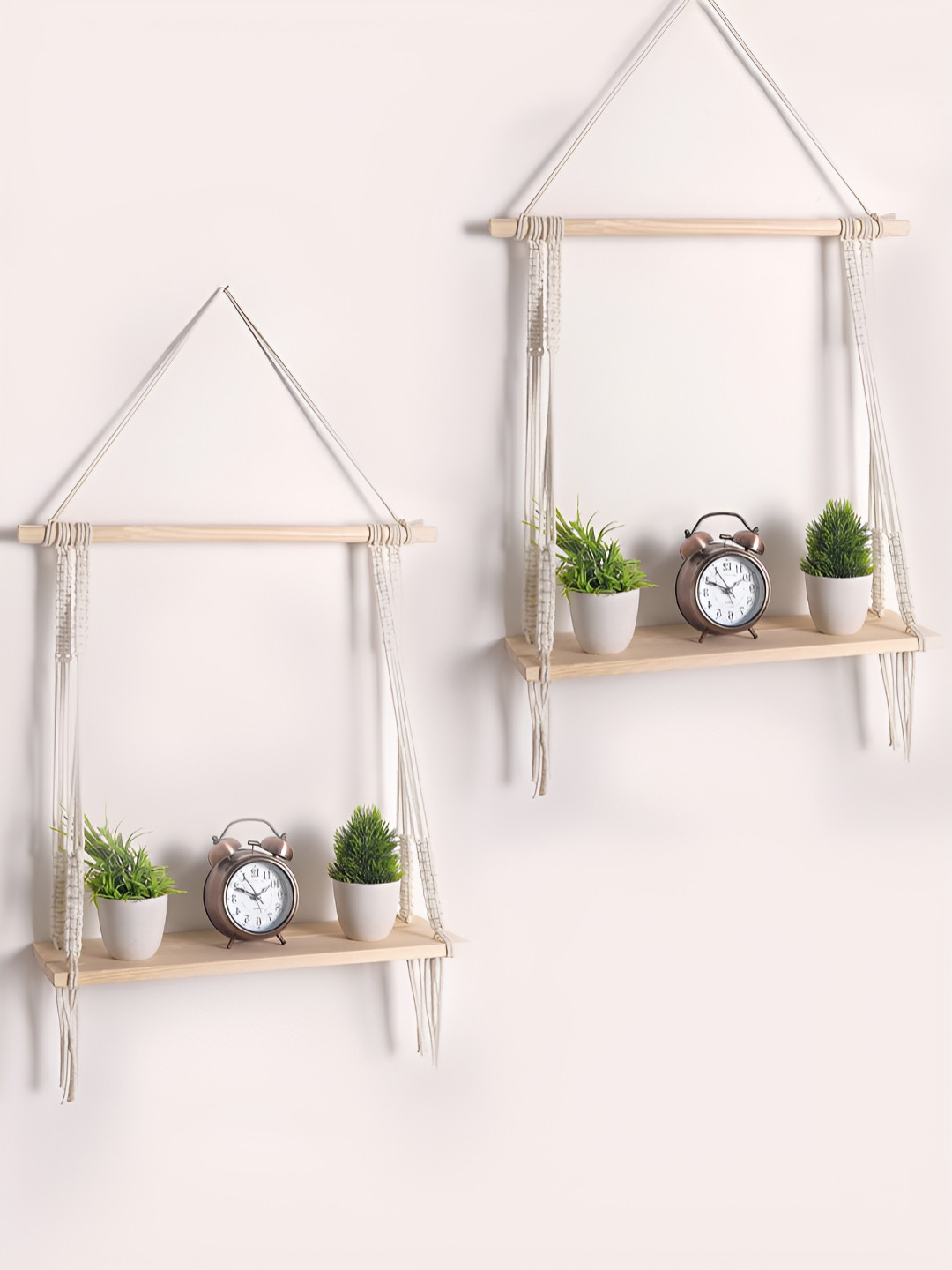 Decazone Beige & Off White 2 Pieces Wooden Bohemian Wall Hanging Shelfs