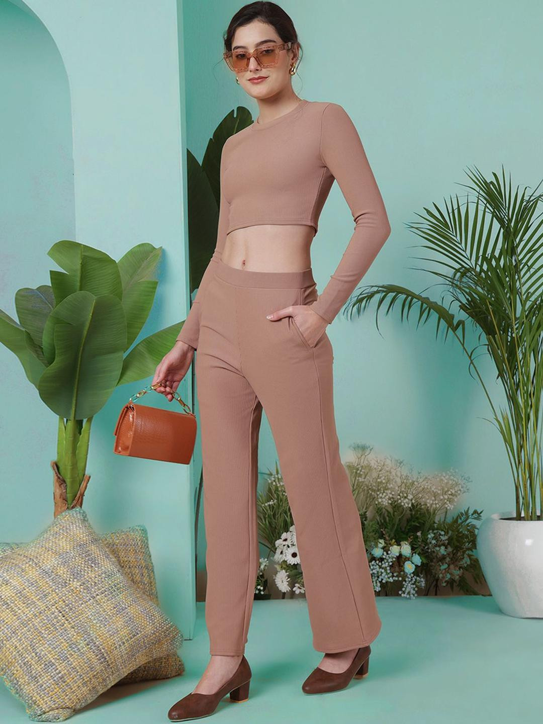 Moda Rapido Womens Brown Polyester Solid Round Neck T-shirt And Trousers Co-ords