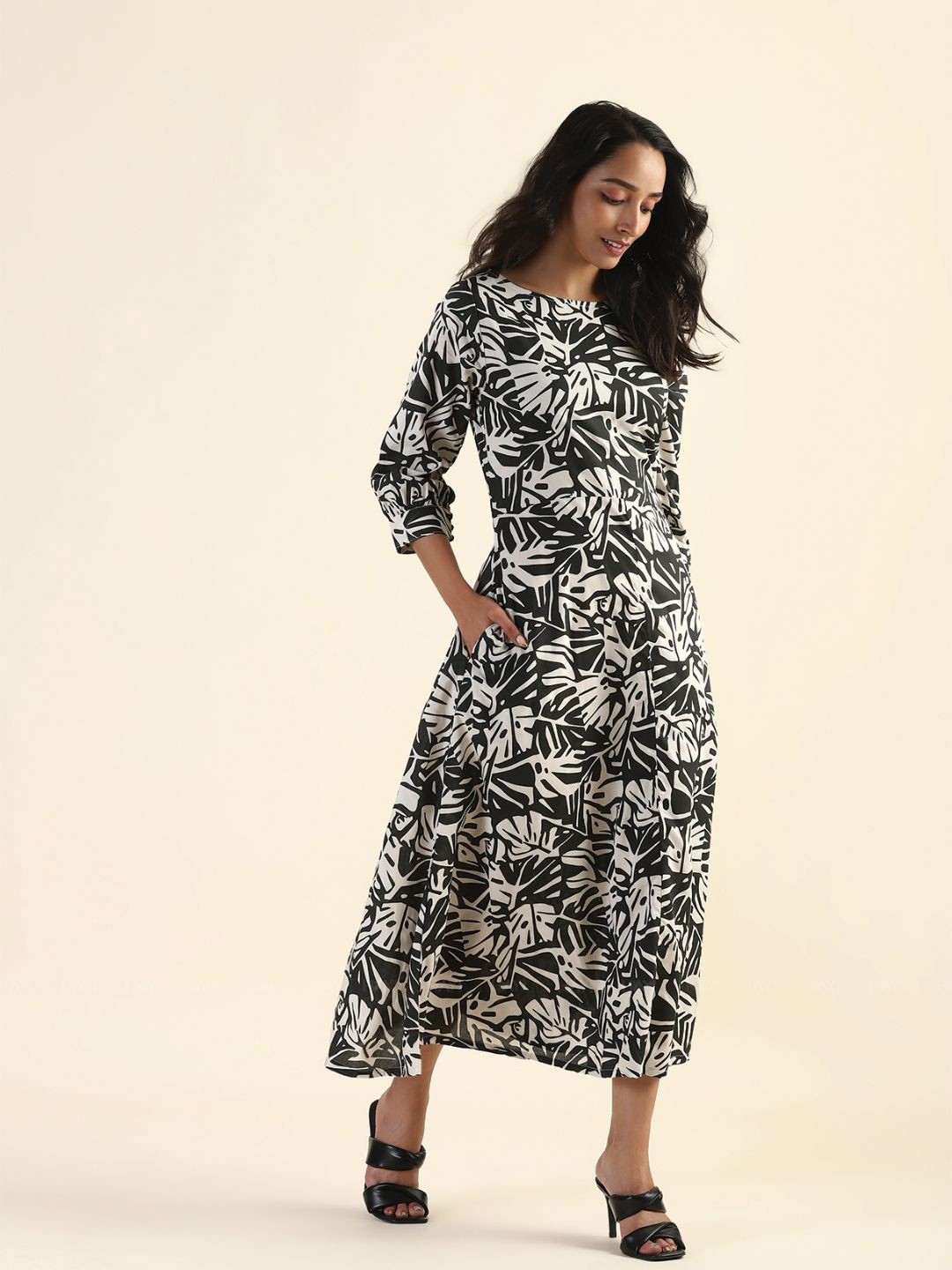 HAY Printed Puff Sleeves Fit And Flre Maxi Dress