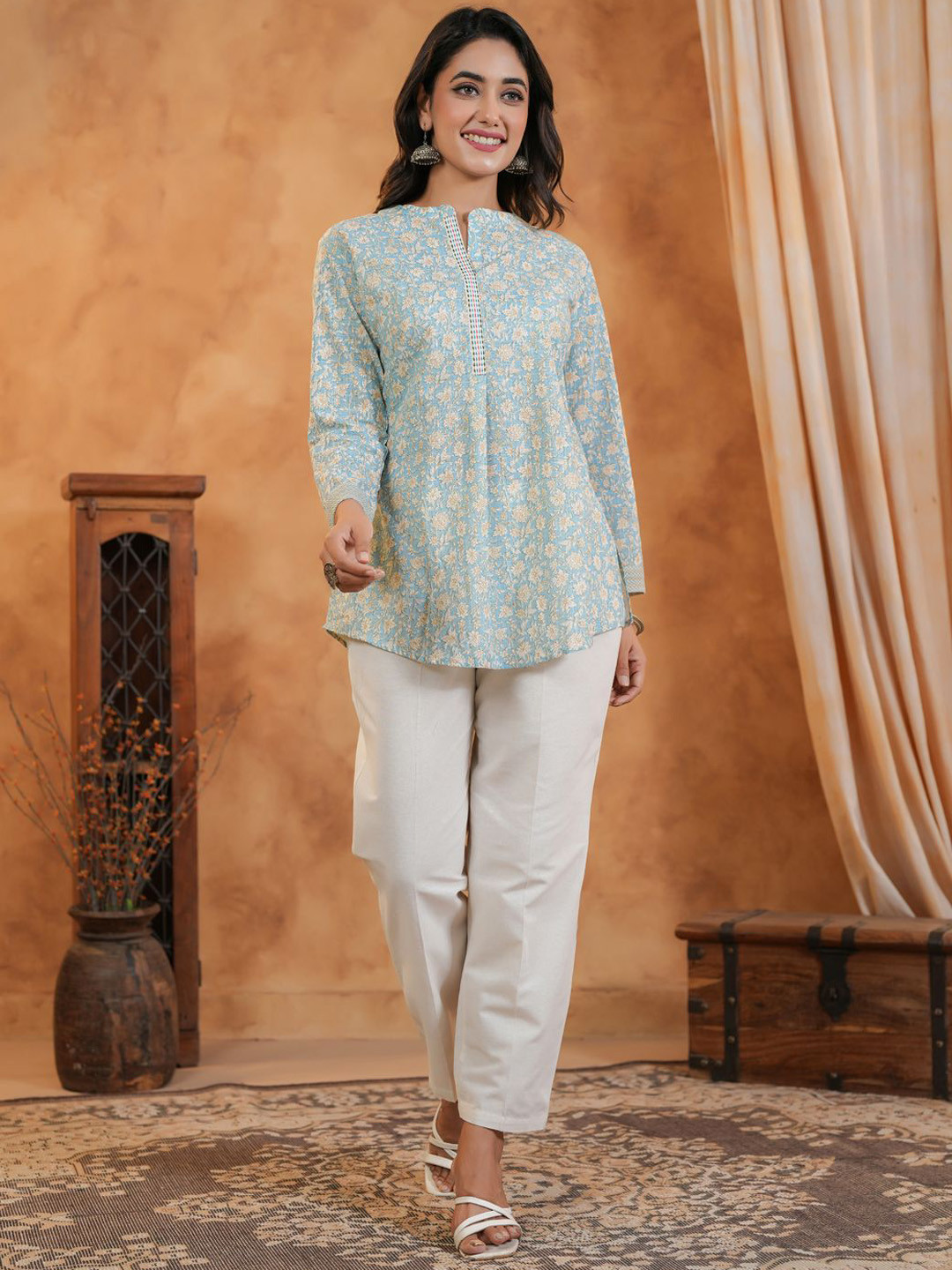 Span Floral Printed Mandarin Collar Pure Cotton Tunic With Trouser