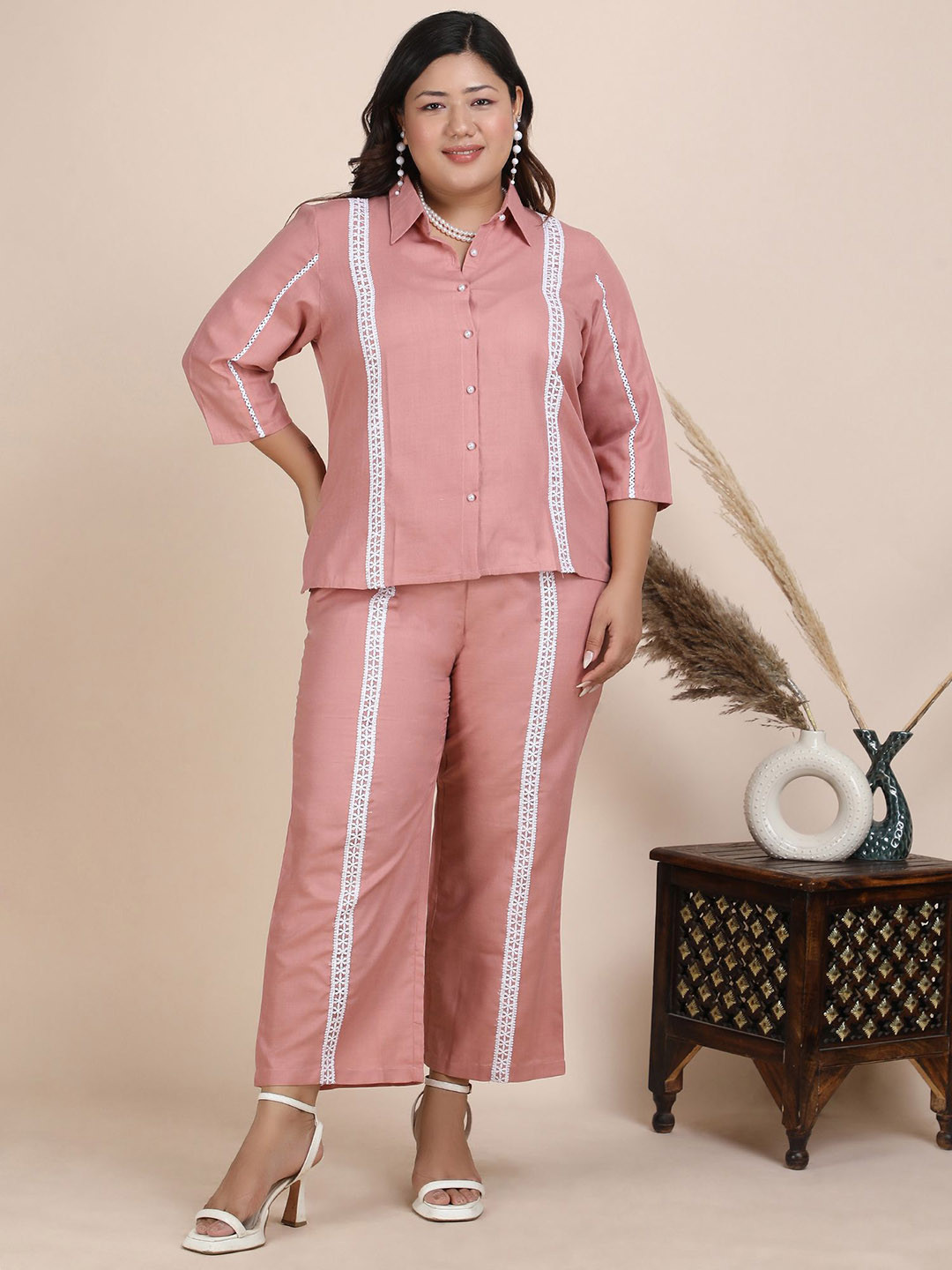 Bani Women Embroidered Plus Size Shirt Collar Neck Casual Tunic With Trouser Co-Ordst