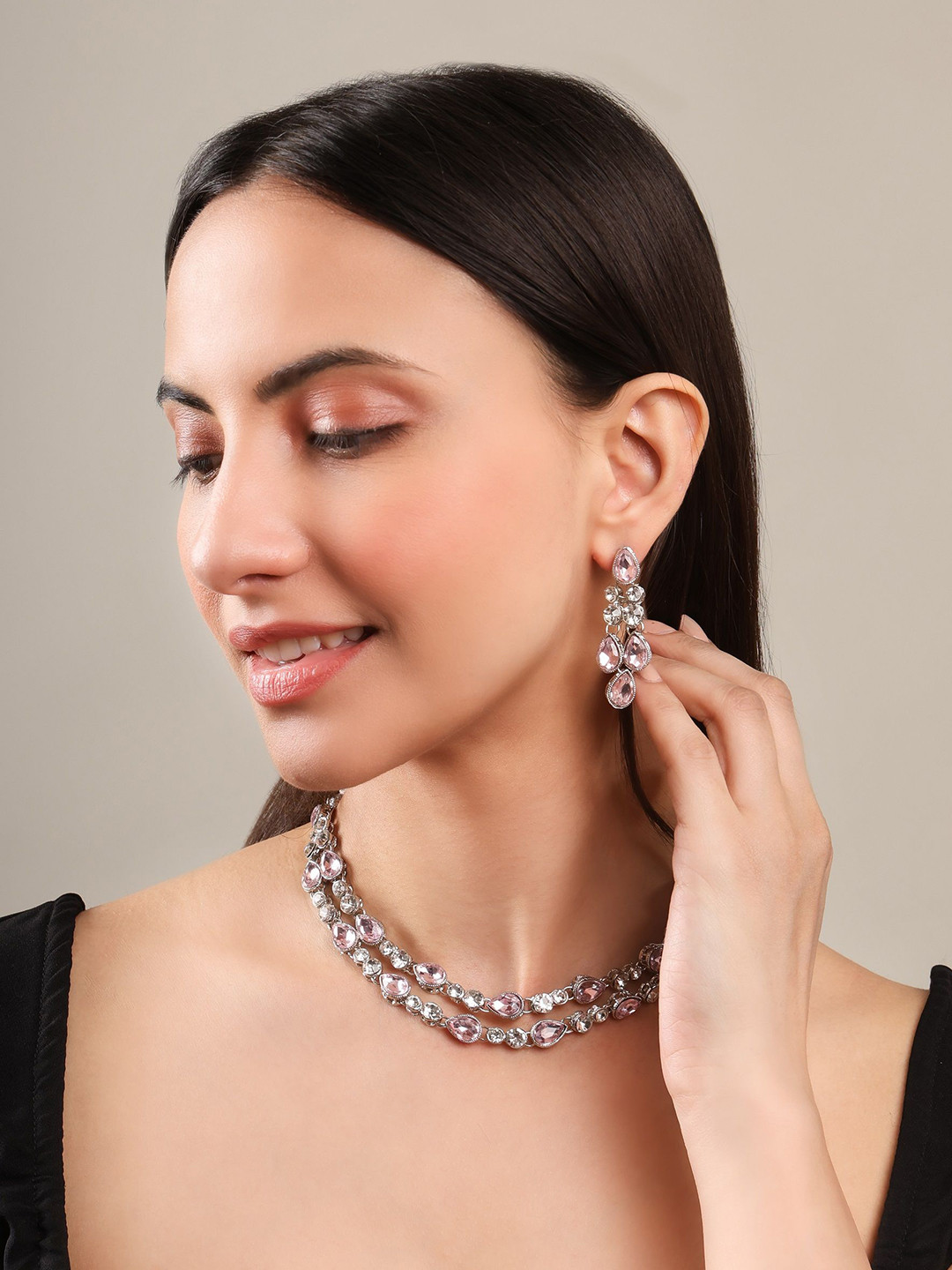 EIT Collection Silver Plated Cubic Zirconia Studded Two Layer Jewellery Set