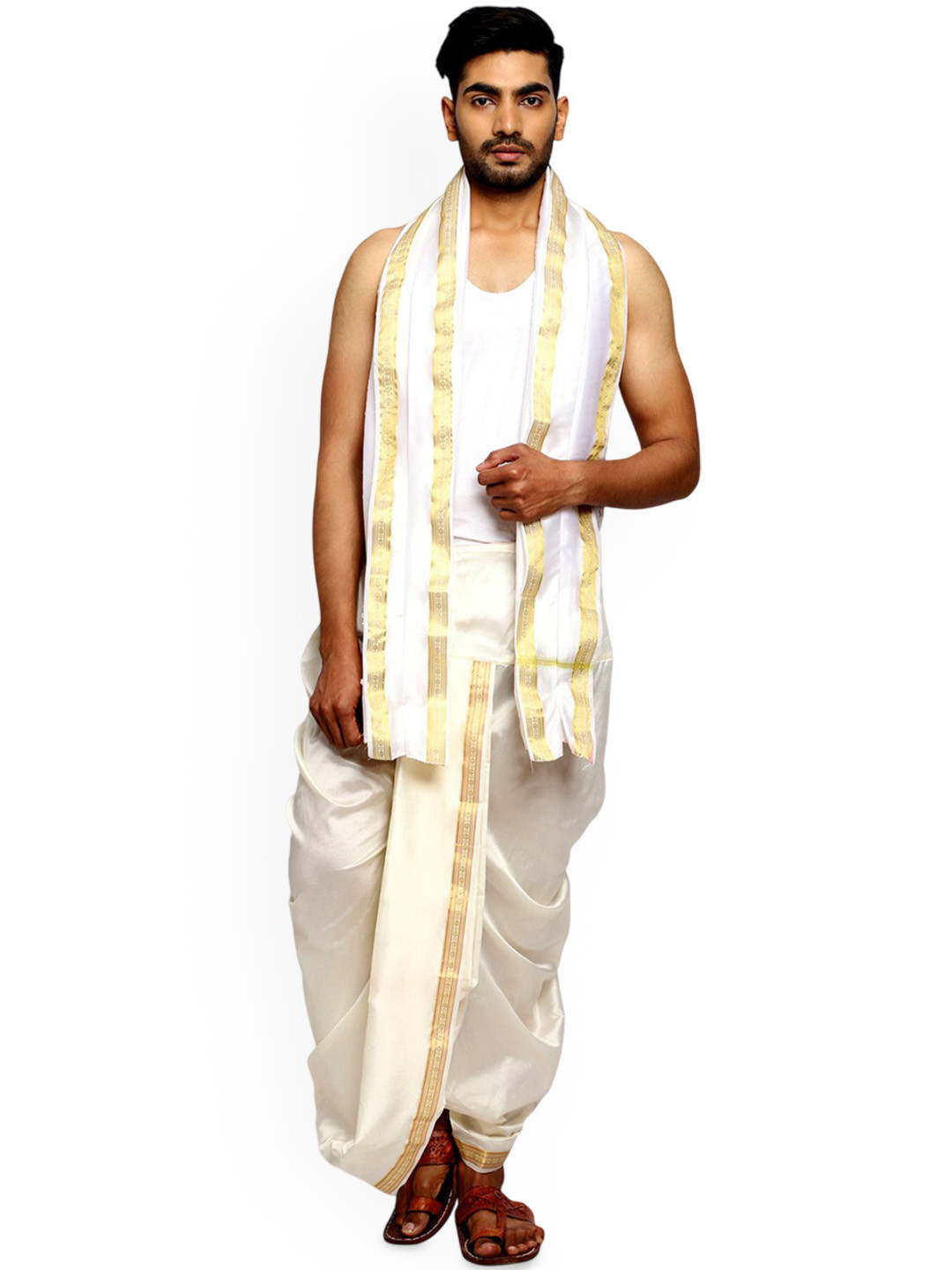 RAMESHWARAM FABRICS Men Solid Dhoti Regular Pants with Stole Set