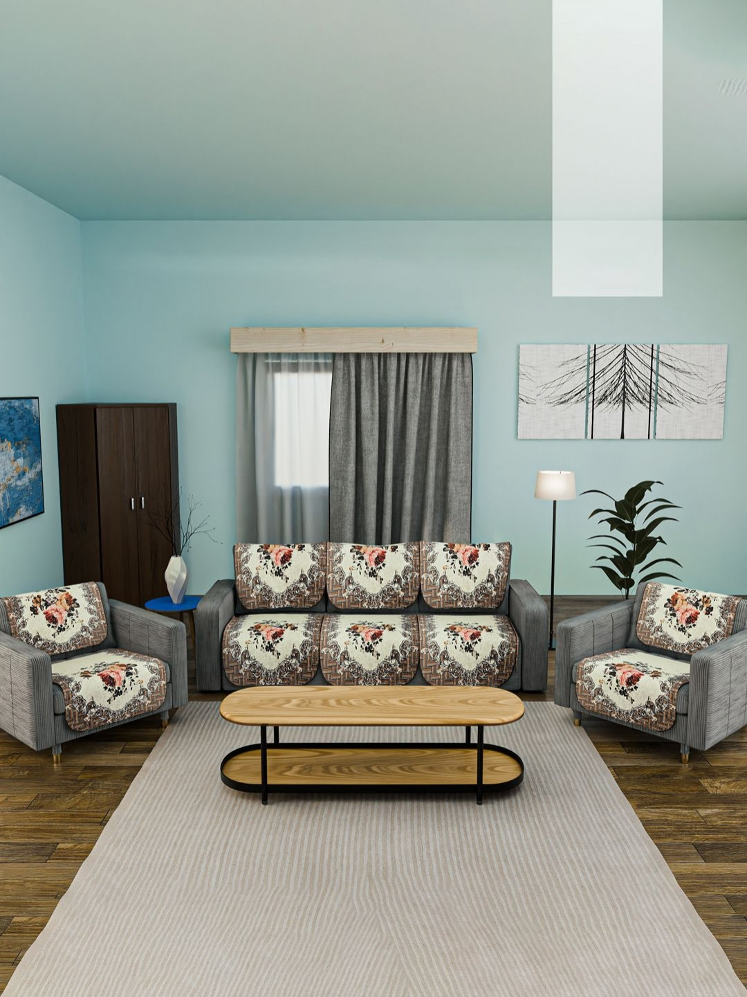 Aura Cream & Off White Set of 10 Classic 5 Seater Velvet Sofa Cover Slipcover Set