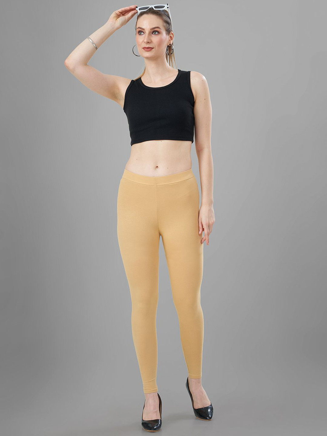 TITTLI Women Cotton Lycra Gold Bio-Wash Mid-Rise Ankle Fit Leggings